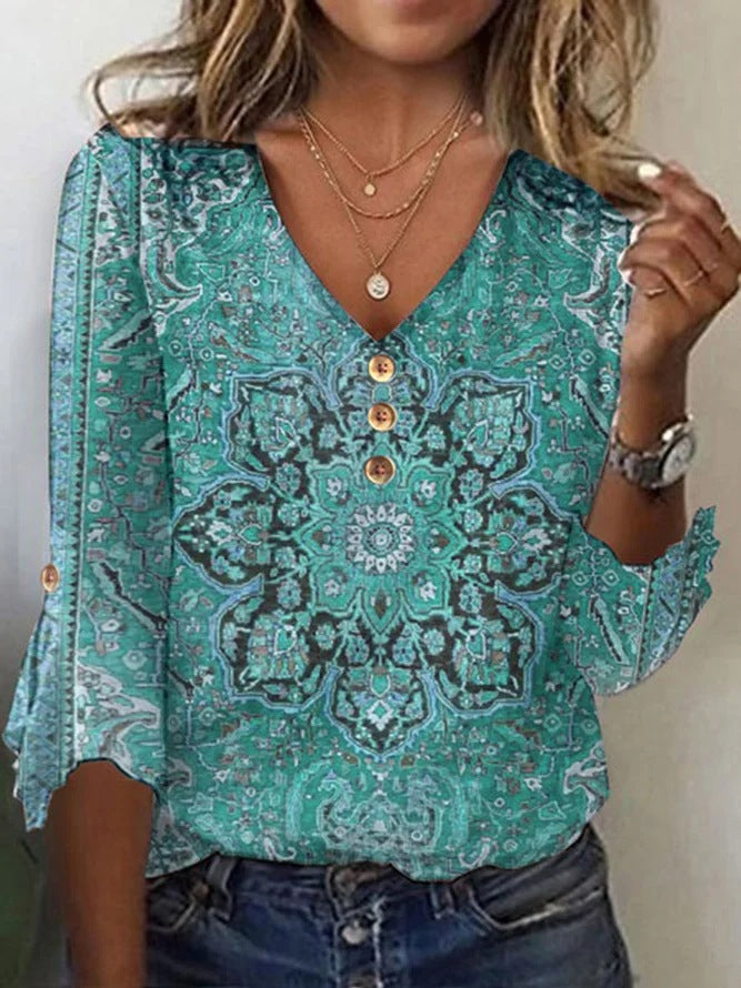 Amira™ | Floral V-Neck Button-Down Blouse