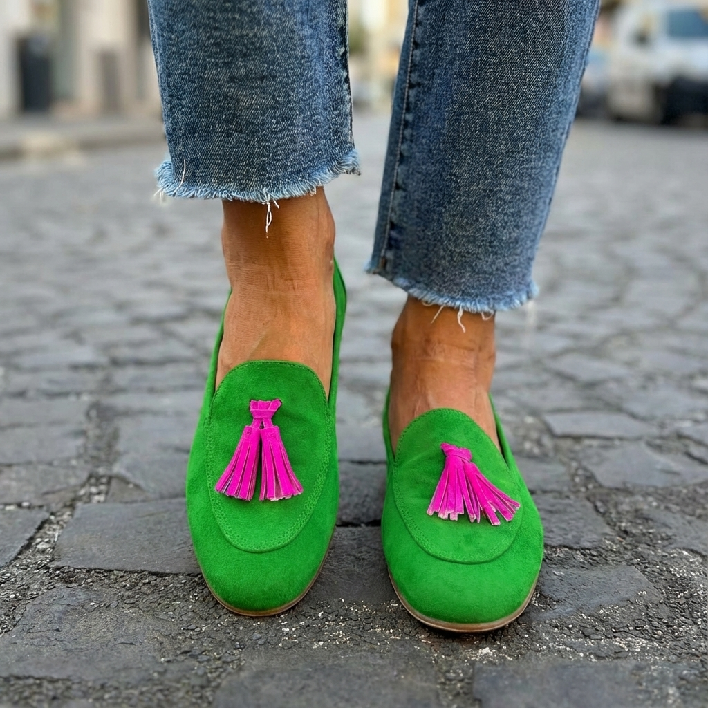 Antonia | Loafer in Grün mit fuchsiafarbenen Fransen